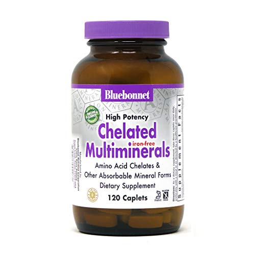Bluebonnet Nutrition High Potency Chelated Multiminerals (Iron-Free), Albion Chelated Minerals, Soy-Free, Gluten-Free, Non-GMO, Kosher Certified, Dairy-Free, 120 Caplets, 40 Servings
