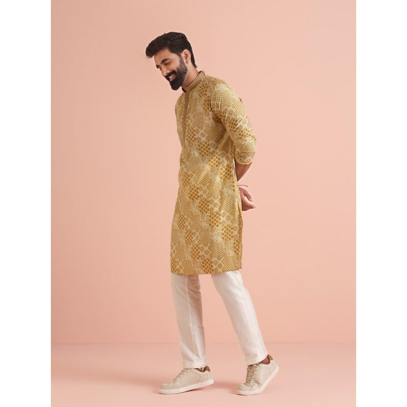 Kisah Mens Kurta Trouser Set|Cotton Blend Fabric Printed Pattern Mens Ethnic Wear|Regular Fit Mandarin Collar Long Sleeves, Mustard, 40