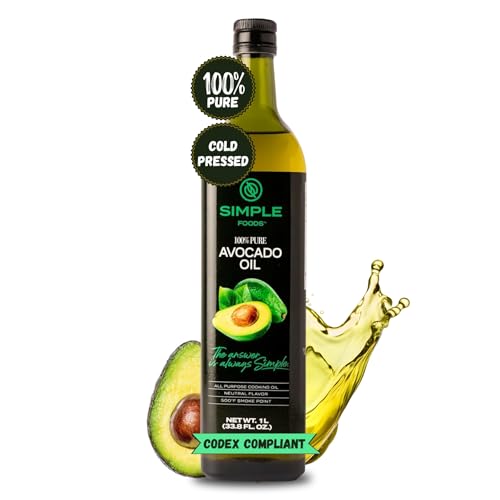 Simple Foods 100% Pure Avocado Cooking Oil - Mild Flavor and Cold Pressed | (1) 33.8 fl oz Glass Bottle | Non-GMO, Kosher, Avocado Oil for High Heat Cooking, Sauteing & Roasting