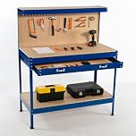 SwitZer New Blue Steel Garage Tool Box Toolbox Work Bench Workbench Storage With Drawers Pegboard and 20 Pegs Shelf DIY Workshop Station