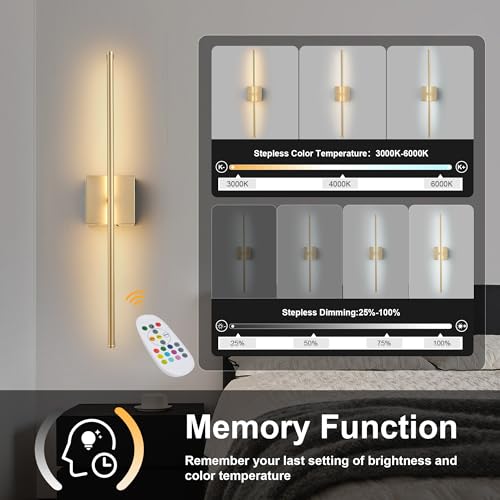 Image of KARTOOSH 28.3 Inch Battery Operated Wall Sconces Wireless Set of 2, Gold | RGB Wall Lamps, 3 Color Temps, Remote Control, Dimmable Rotatable, LED Wall Lights for Living Room Bedroom
