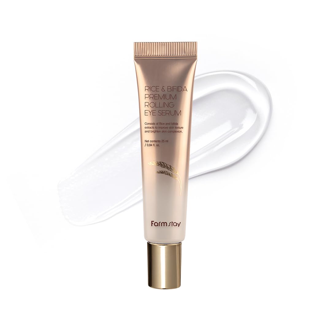 Farmstay Rice & Bifida Premium Rolling Eye Serum with Niacinamide, Dark Spot Remover Correcting, Cooling & Soothing Eye Cream for Puffy, for Women &