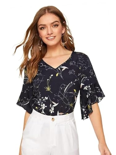 Image of OM SAI LATEST CREATION Women's Plain Crepe with Ruffle Sleeve Design on HaOSLC-Sleeve Regular Fit Office wear,Casual wear Top