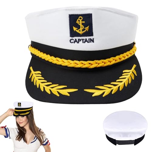 Miayical Gorro Marinero de Capitán Ajustable – Gorra Capitán Barco para Adulto, Disfraz Marinero Hombre y Mujer, Sombrero Náutico Blanco y Negro con Bordado Dorado – Fiesta Temática Yate, Carnaval