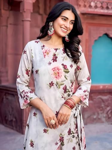 Image of Pinkmint Women Cotton Blend Floral Printed Layered A-Line Kurta Pant Set | Stylish Wrap Style Ethnic Kurti with Pants | Casual & Office Wear | Plus