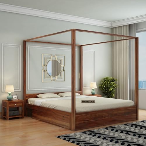 Image of WOODLAB Furniture Sheesham Wood King Size Poster Bed with 2 Side Pullout Drawer Storage | Wooden Double Size Cot Palang for Bedroom Living Room Home and Hotel (Natural Finish)