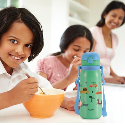 Image of MILTON Torque 650 ISI Certified Stainless Steel Water Bottle, Leak Proof, Rust Proof, Single Walled,1 Yr Warranty, Ideal Sipper Water Bottle for School Kids Bottle, 625 ml, Aqua Green (Cars)