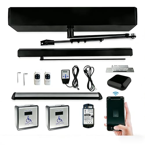 Olideauto Ada Commercial Auto Door Closer,WiFi TUYA APP Alexa Remote Control Black Automatic Door Closer with WiFi Controller and Waterproof Touchless Wireless Hand Sensor and NC Electric Strike