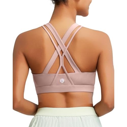 RUNNING GIRL Sports Bras for Women, Criss-Cross Back Padded Strappy Sports Bras Medium Support Yoga Bra with Removable Cups Small 1-pink
