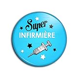 Badge 38mm Super Infirmière - Piqure Fond Bleu - Idée Cadeau Métier Santé Humour Pins Bouton Epinglette