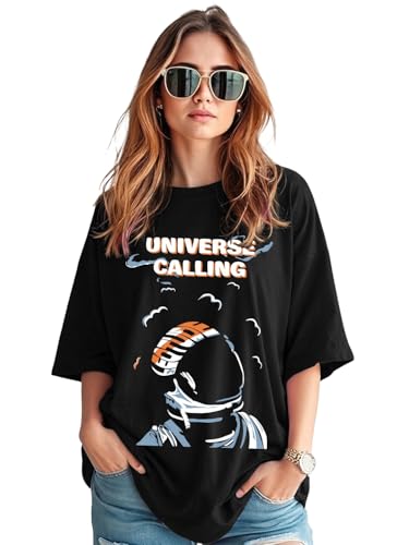 Image of LEOTUDE Women's Oversized Printed Round Neck Half Sleeve Baggy Fit Drop Shoulder Korean Style Oversized T-Shirt for Women's (Color: Black)