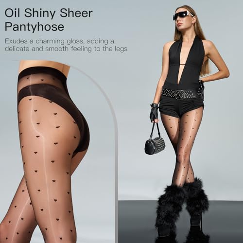 Image of Yilanmy Shiny Polka Dot Patterned Tights for Women Sheer Shimmer Pantyhose 20D High Waist Heart Stockings