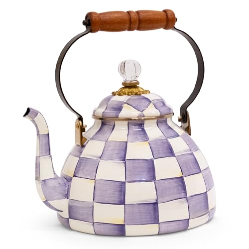 MACKENZIE-CHILDS Enamel Tea Kettle, Decorative Tea Kettle for Stovetop, 3 Quarts, Purple-and-White Violet Check