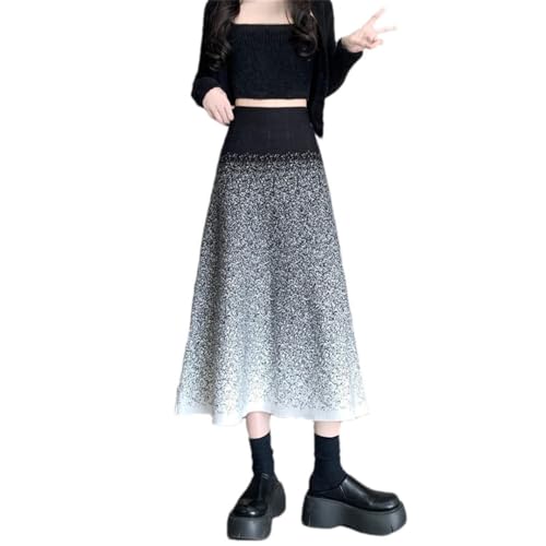 Pulcykp Women Fall Winter High Waist Slim A-Line Midi Skirts Gradient Color Loose Casual Sight Strech Knit Skirt