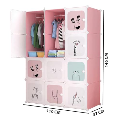 Image of Plastic Wardrobe for Clothes Storage, 12-Door Portable Collapsible Almirah & Cupboard for Bedroom, Baby Wardrobe Cabinet Organizer for Clothes & Toys (Pink, 12 Door)