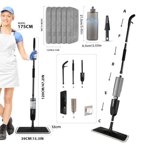 Wischer mit Sprühfunktion BUUROOHM Bodenwischer mit Sprühfunktion mit Nachfüllbare Flaschen waschbarer Mikrofaser-Wischbezug Bodenreinigung ohne Eimer 360 Grad Rotierender für alle Hartböden