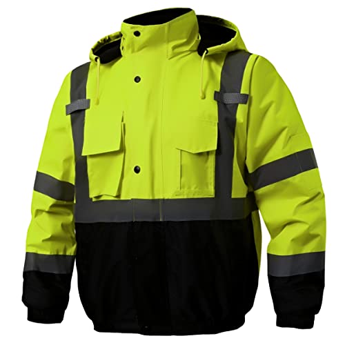 Hilivistec Safety Jacket , High Visibility Reflective Bomber Jackets for Men, Hi-Vis Construction Jacket with Pockets and Zipper, Black Bottom, Class 3, coldwinter, Lime L