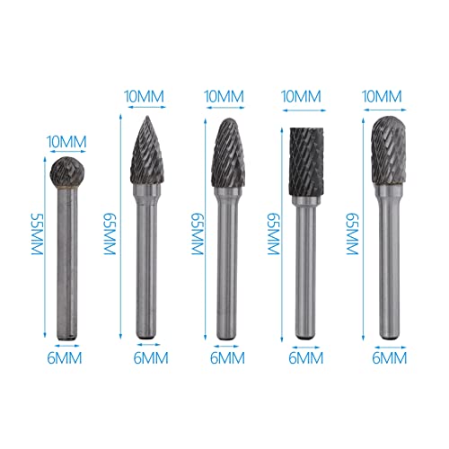 5pcs Burrs Set Point Burrs Tungsten Steel Burr Set 6mm Shank 10mm Head Bits Burrs for Metal Non Metal Craft Carving Mold Manufacturing, About 65mm Length