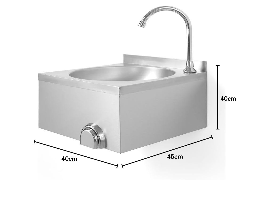 HENDI Waschbecken, mit Kniebedienung, inkl. Anschlussmaterial, Wandhalterung, Spülengröße: ø350x(H)123mm, Spülbecken, Handwaschbecken, Hängewaschbecken, 400x428x(H)406mm, Edelstahl
