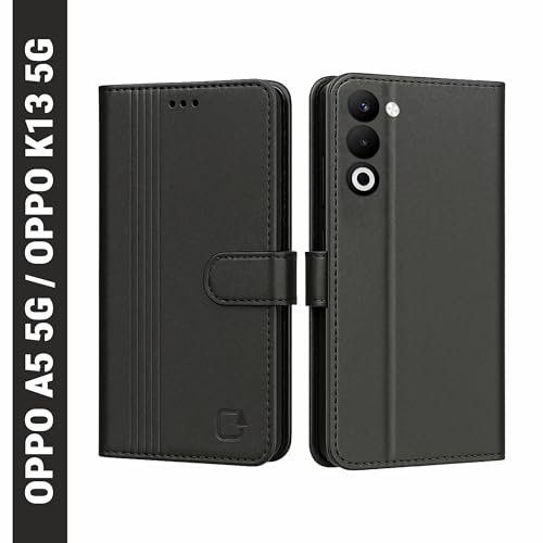 Image of AIBEX Shock Proof Flip Compatible for Oppo A5 5G / Oppo K13x 5G Flip Cover Leather Finish | Inside TPU with Card Pockets | Wallet Stand | Complete Protection Flip Case - Black
