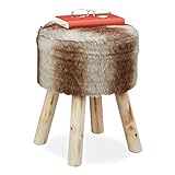 Relaxdays Fellhocker, Deko Hocker Kunstfell, Sitzhocker mit Holzbeinen, rund, rustikal, H x D: 42 x 33 cm, grau/braun