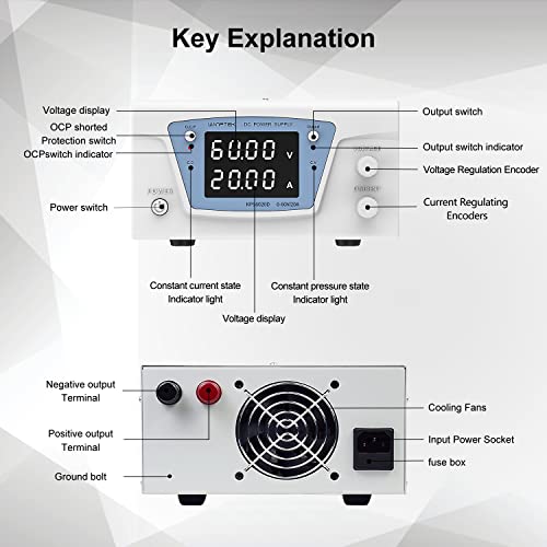 Image of DC Power Supply Variable, 60V 20A 1200W Bench Power Supply with Encoder knob, High Power Adjustable Switching Power Supply with OCP Switch, Variable Power Supply with Output Enable /Disable Button