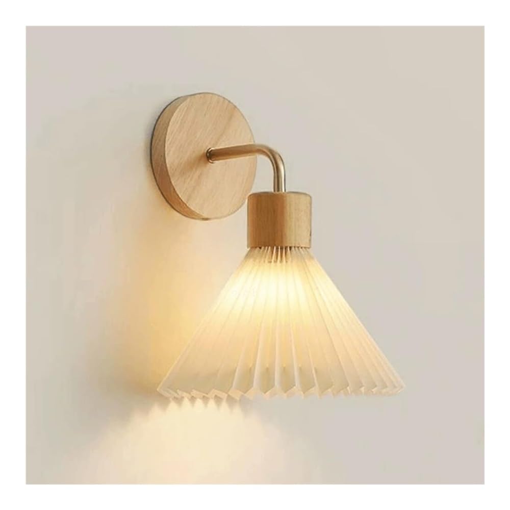TONFON Pleated Cloth Wall Lamp Wooden Bedside Wall Mounted Lamp with Fabric Shade Retro Industrial Wall Sconce for Bedroom Living Room Study Room Dining Room Hallway Stairs Hall Restaurant