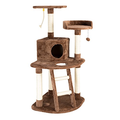 IRIS USA 3-Tier Plush Cat Tree with Hiding Place and Sisal Covered Rungs and Posts, Kitty Activity Center for Indoor and Outdoor Cats with Condo Scratching Posts Dangling Toys and Perches, Brown