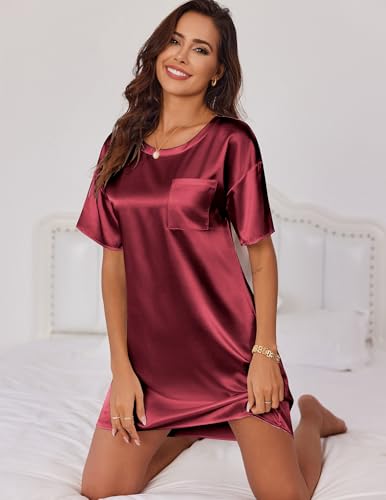 Image of Ekouaer Silky Satin Sleep Shirts for Women Nightshirt Tshirt Night Gowns