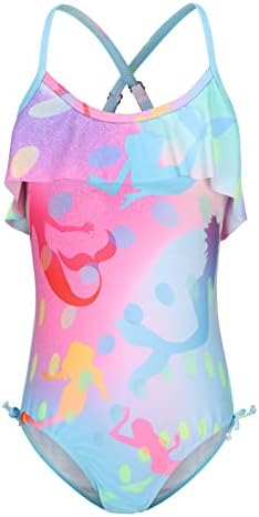 Qterdiz Big Girls One Piece Swimsuits Bathing Suit Hawaiian Summer Swimwear for Girls Pink Blue Mermaid Size 10/8-10 Years