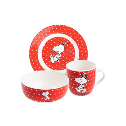 United Labels The Peanuts Snoopy - Juego de desayuno (3 piezas, porcelana, 19 cm de diámetro, taza de 220 ml y cuenco de 330 ml), diseño de lunares, color rojo