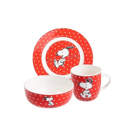 United Labels The Peanuts Snoopy - Juego de desayuno (3 piezas, porcelana, 19 cm de diámetro, taza de 220 ml y cuenco de 330 ml), diseño de lunares, color rojo