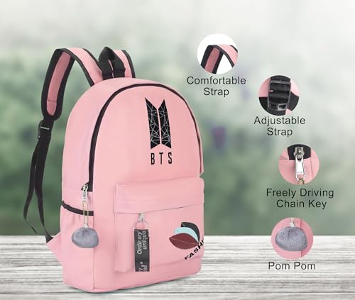 Image of BTS Backpack for Girls & Boys | Stylish Waterproof School Bag with Fashion Design & Pom Pom Keychain | Lightweight Travel & College Backpack for Teens & K-Pop Fans-Best Gift