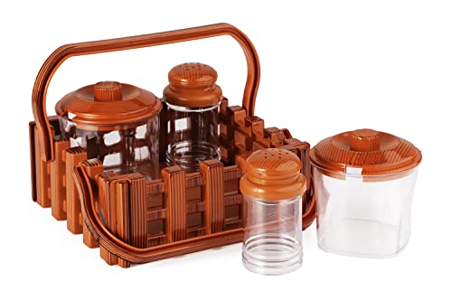 Image of Nabhya Complete Dining Table Set of Pickle Jars, Salt and Pepper Dispenser, Toothpick Holder and Spoon Holder(Wooden Look Design, Plastic) (Woodland)