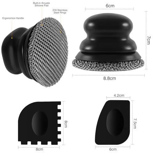 Schrubber für Gusseisenpfanne, Topfreiniger mit 2 Schabern, Kettenbürste für Geschirr, Töpfe, Pfannen, Grillplatten, Grills (Schwarz… – Ansicht 2
