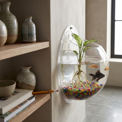 Image of MATS Acrylic Wall Mounted Aquarium Bowl for Betta Fish & Plants - Modern Hanging Fish Bowl Wall Planter for Home Decoration (19.5 x 19.5 x 8 cm)