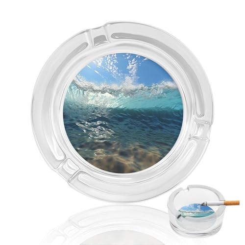 Posacenere creativo in vetro, blu oceano mare ondulato paesaggio marino stampato portatile moderno posacenere in vetro da tavolo adatto per casa ufficio
