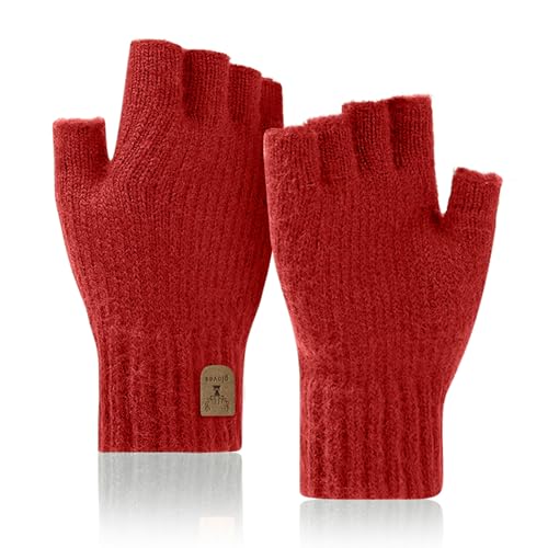 JUNRUI Fingerlose Handschuhe, Handschuhe ohne Finger Winter Warme Strickhandschuhe Arbeiten Camping Wandern Laufen Radfahren Fahren für Herren und Damen (Rot)