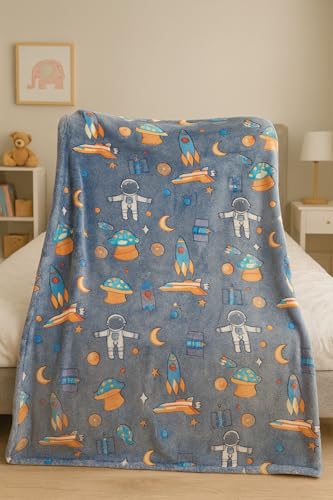 Image of Ultra-Soft Space Themed Baby Blanket for Kids - Plush Grey-Blue Fleece with Rockets, Astronauts & Planets - Cozy Nursery Bedding & Stroller Wrap (Rocket Grey)