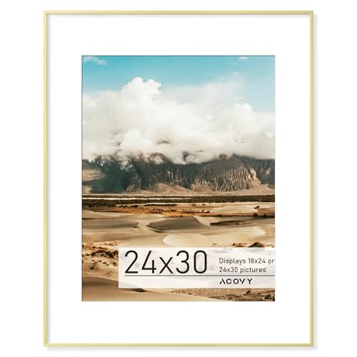 Acovy 24x30 Poster Frame with Mat for 18x24, Premium Aluminum 24 x 30 picture frame, HD Tempered Glass, Metal Photo Frame 30x24 for Wall Display, Wall Hook Included (Gold, Pack of 1)