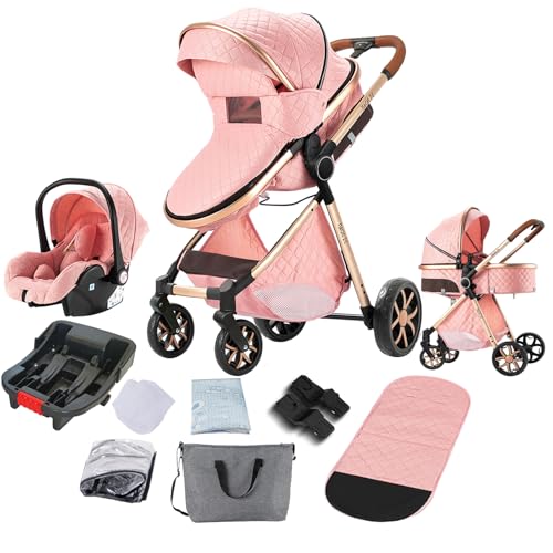 Image of 3 in 1 Baby Stroller Travel System, Reversible Newborn Foldable Pram, Infant High Landscape Pushchair, Portable Standard Stroller, Reclining Buggy, Baby Carriage (UDV9-PINK with Base)