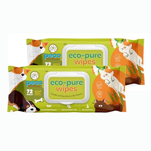 Image of Peco Eco-Pure Pet Wipes 144 Count (Pack of 2) - 18 X 20 Cm | Biodegradable, Plant-Based Puppy Wipes| Aloe Vera, Vitamin E & Castor Oil | Hypoallergenic, Alcohol-Free | Grooming Wipes for All Pets