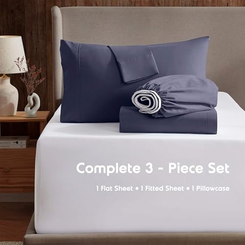 Image of Nestl Twin Bed Sheet Set - Navy Blue - 3-Piece Deep Pocket | Instantly Soft, Night-One Ready (No Wash Required). Fits 16-Inch Deep Pockets, 360-Degree Elastic Grip