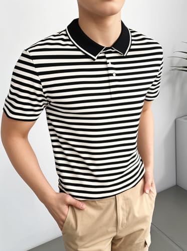 Image of Mack Jonney Men's Striped Cotton Rich Collar Neck T Shirt | Collar Tshirts | Half Sleeves | Striped-Regular Fit-MM485-nw