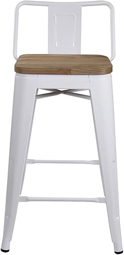 Vista 211 de GIA Taburete de metal con respaldo bajo de altura de mostrador de 24 pulgadas con asiento de cuero vegano, color plateado