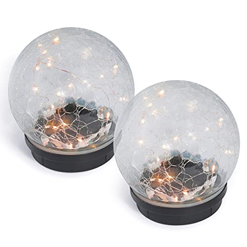 Esotec Solar Dekoleuchte Crackle Bruchglas Lichterzauber, Solarkugel 2er Set, Echtglas, Leuchtdraht innliegend, LED Leuchtkugel, Gartenlicht, Solarlichter, warmweiß, IP65, außen, D=15cm, 102436