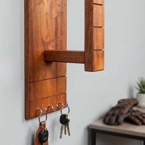 Image of Handcrafted Wooden Helmet Stand Wall Mount with Hooks - Motorcycle & Bike Helmet Holder, Wall Mounted Helmet Rack Organizer for Keys & Gloves, Space Saving Wooden Helmet Hanger for Home Garage