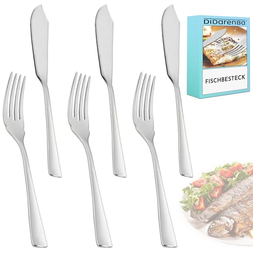 Fischbesteck 6 Stück aus poliertem Edelstahl mit 3 Stück fischmesser und 3 Stück Fischgabeln