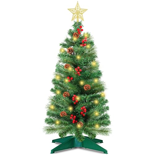 3 Ft Artificial Christmas Tree with Pine Needle Acorn Red Berries 8 Modes Timer 50 Warm White Lights Battery Operated Small Xmas Full Tree for Home Indoor Office Tabletop Holiday Decorations