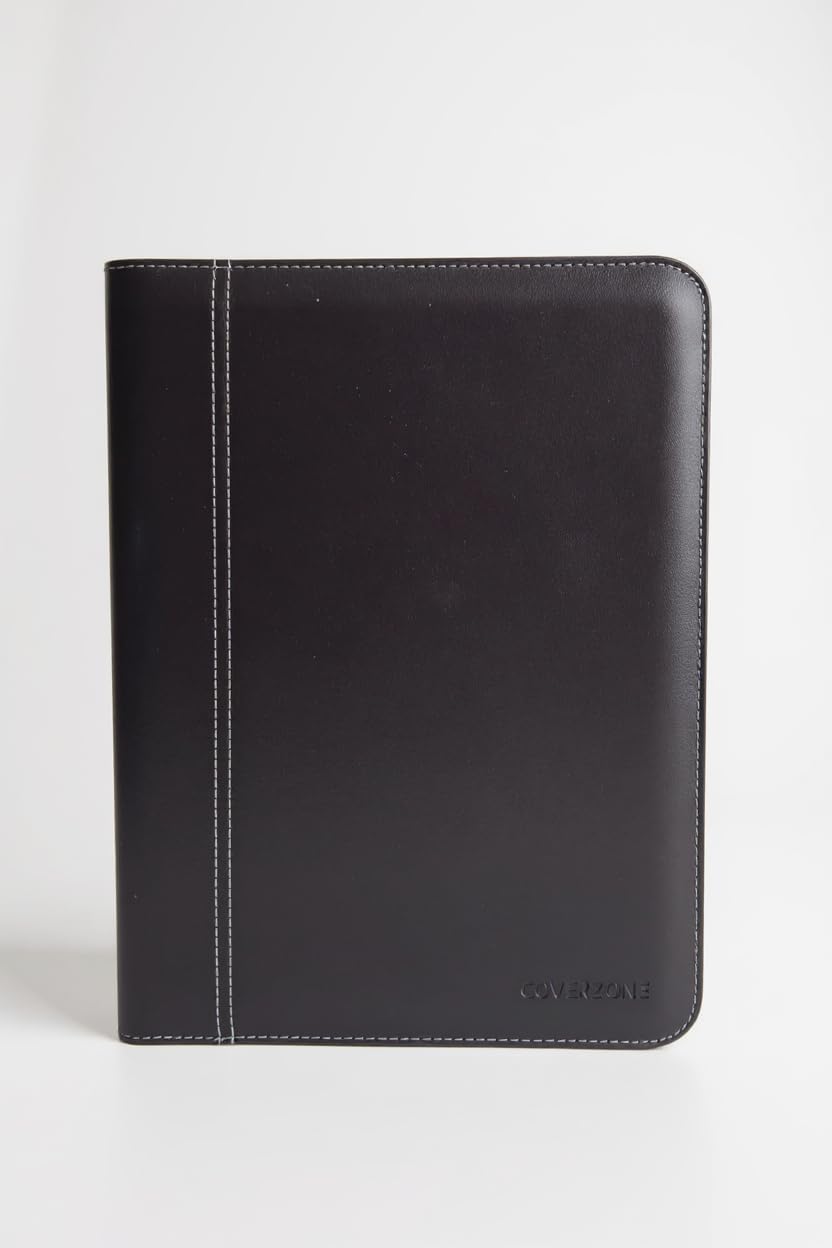 Coverzone Premium Suni Deri Sekreterlik – Mandallı Evrak Tutucu, Tablet Bölmeli Organizer, Çok Gözlü Evrak Dosyası (Hesap Makinesiz Model), Fermuarlı (32.5 × 25 cm), Siyah